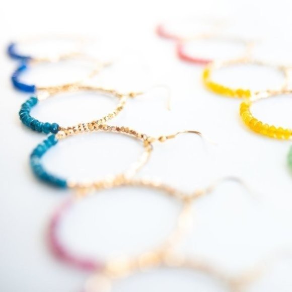 Blue Apatite Sparkly Gold Hoop Earrings Fun dangle party earrings gift for her - Picture 8 of 9